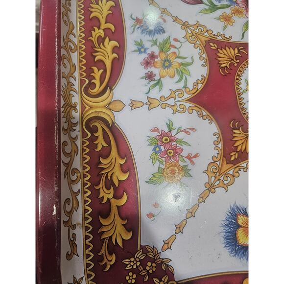 Vintage 1987 the Tin Box Company Square Serving Tray Tin Floral Red And Gold - Picture 5 of 11